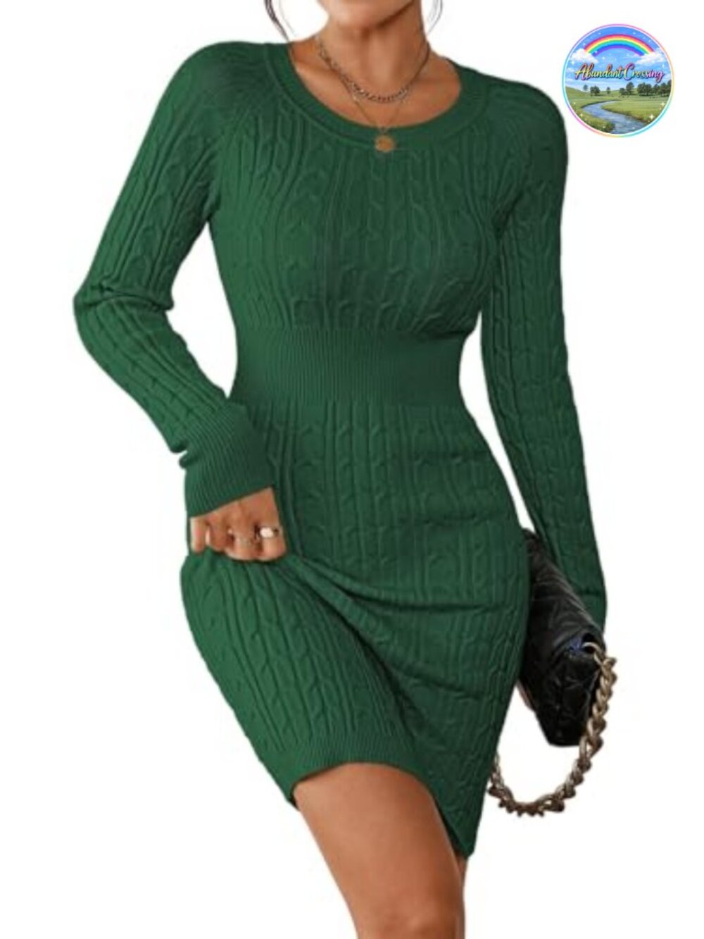 Cable Knit Mini Sweater Dress Crewneck Long Sleeve Bodycon